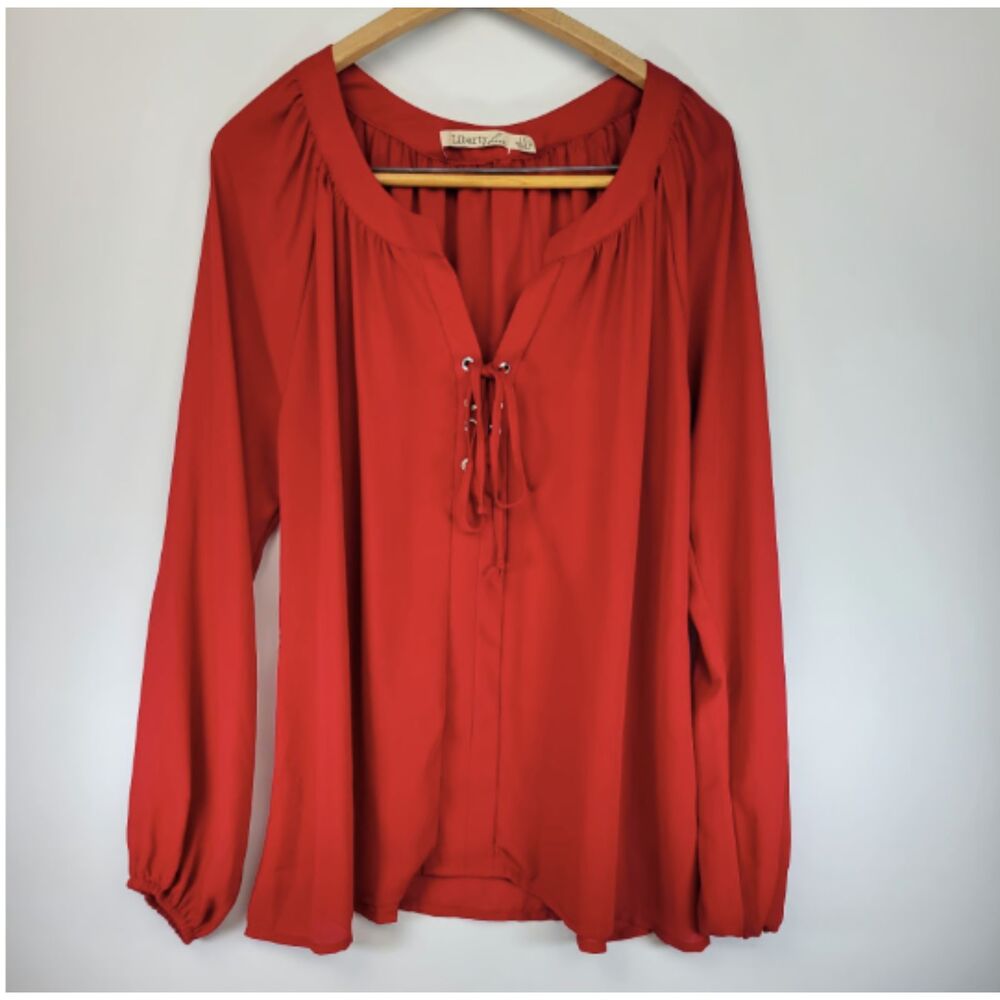 Liberty Love Sheer Blouse-Size Large-Bright Red-Elastic Cuffs-Tie Front Yoke